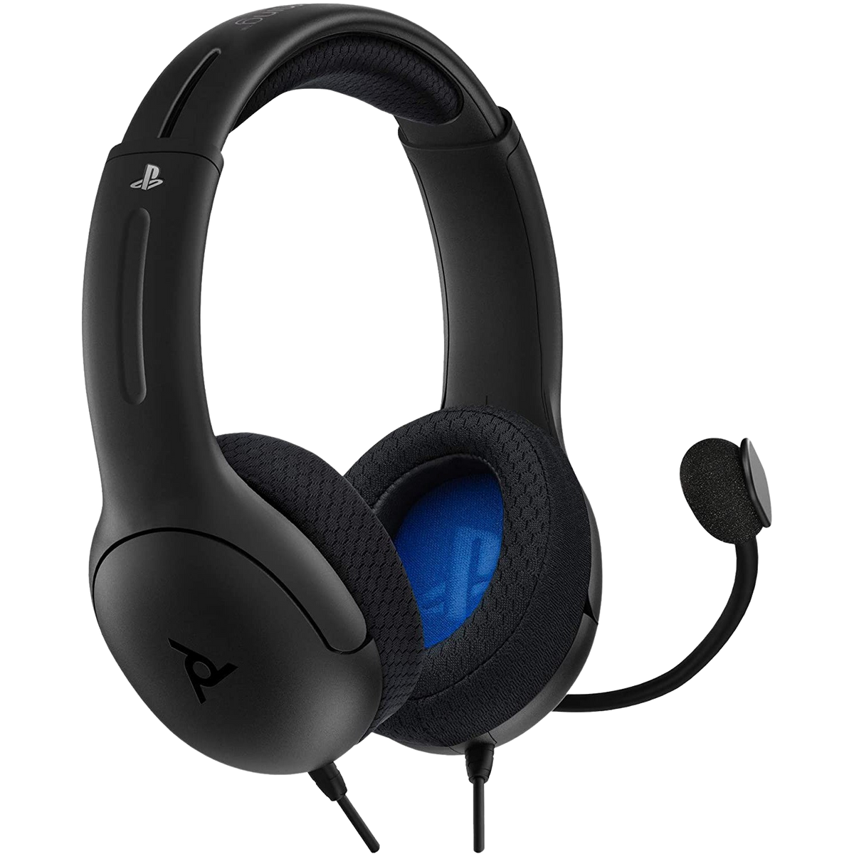 Auriculares gaming negros con micrófono e interior azul en los auriculares. El logo de Playstation es visible.