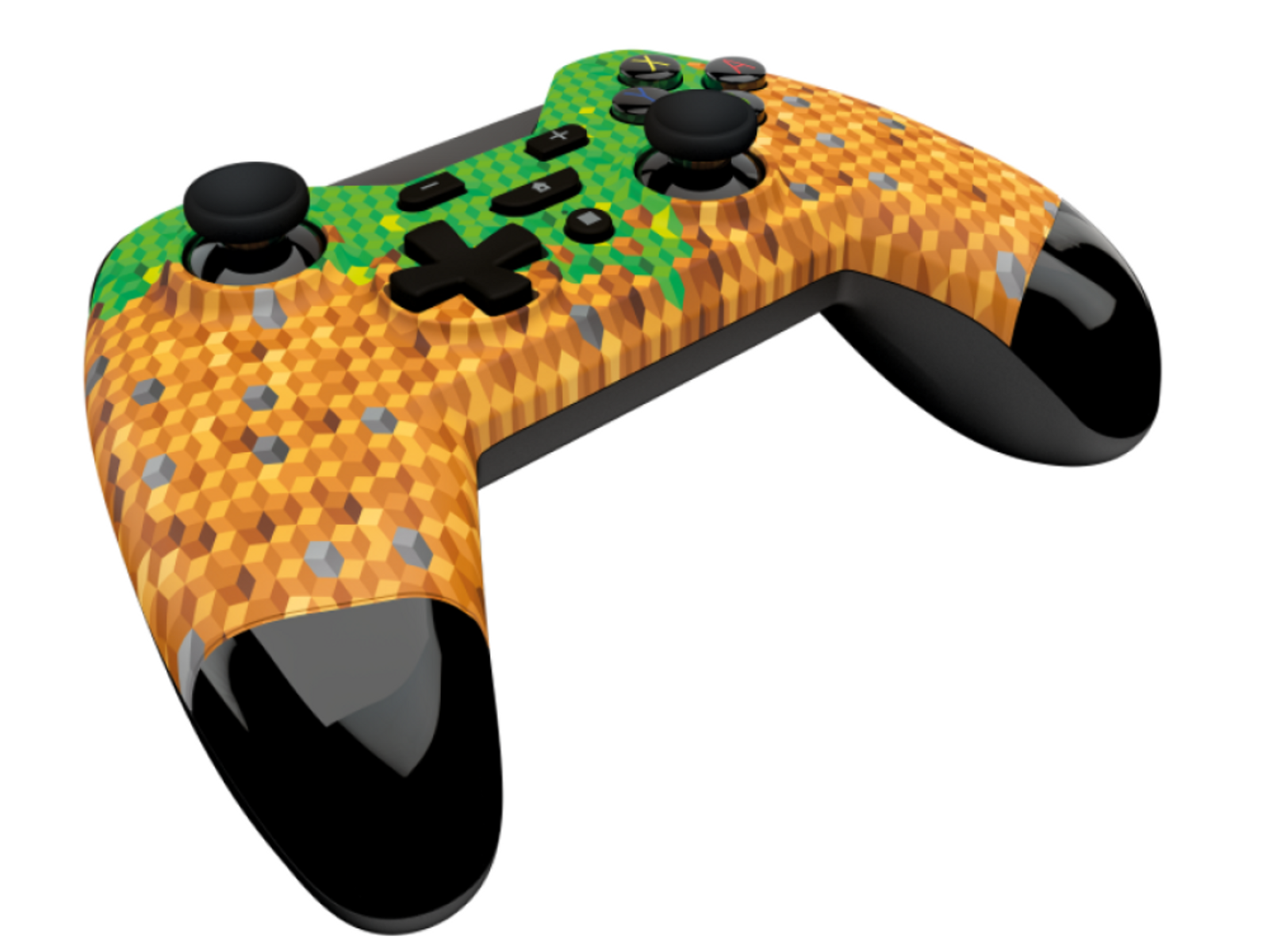 Controller di gioco a tema Minecraft. Design nero e verde. Joystick e pulsanti neri. Sfondo bianco.