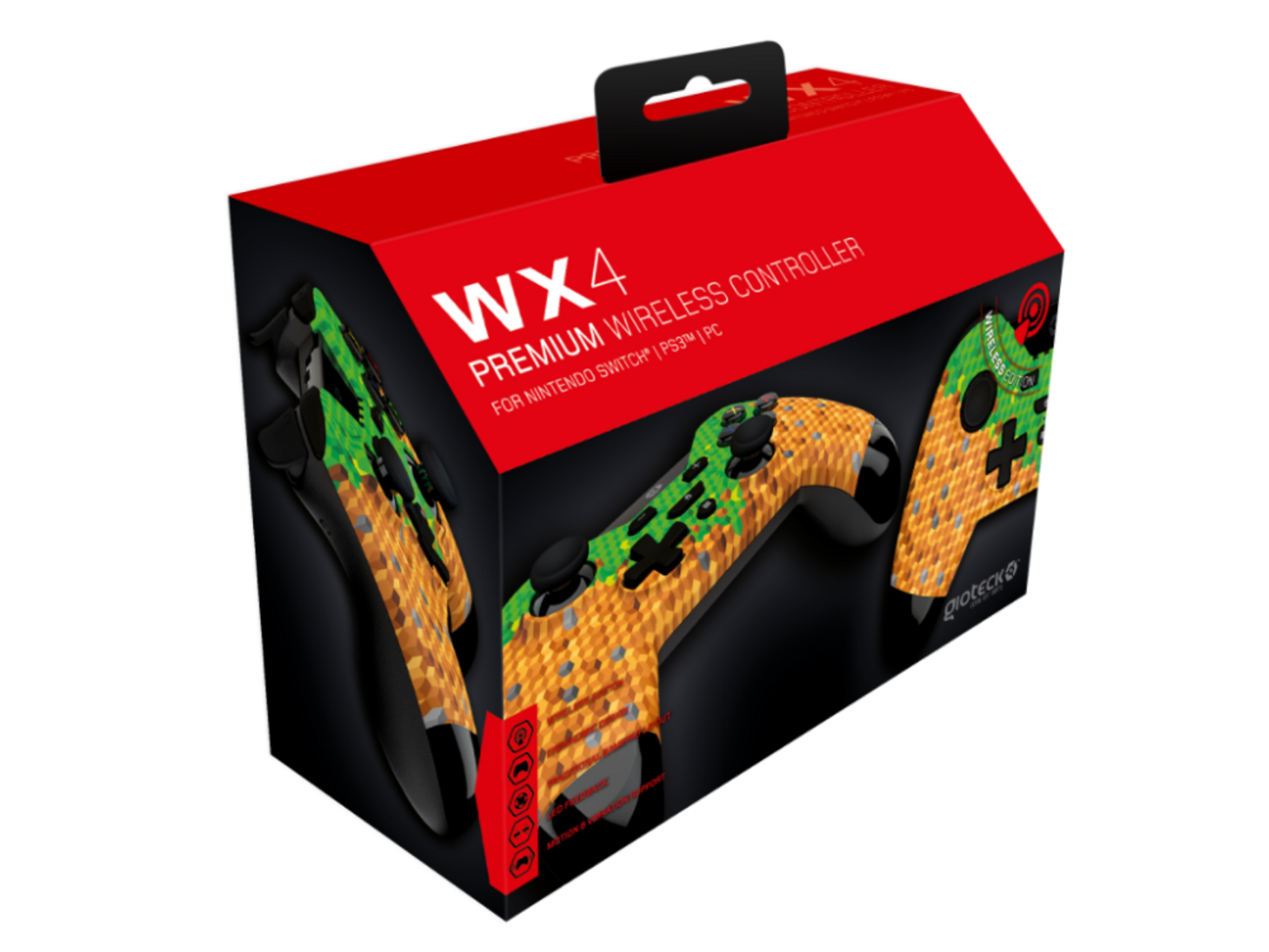Scatola del controller di gioco con design arancione e verde.