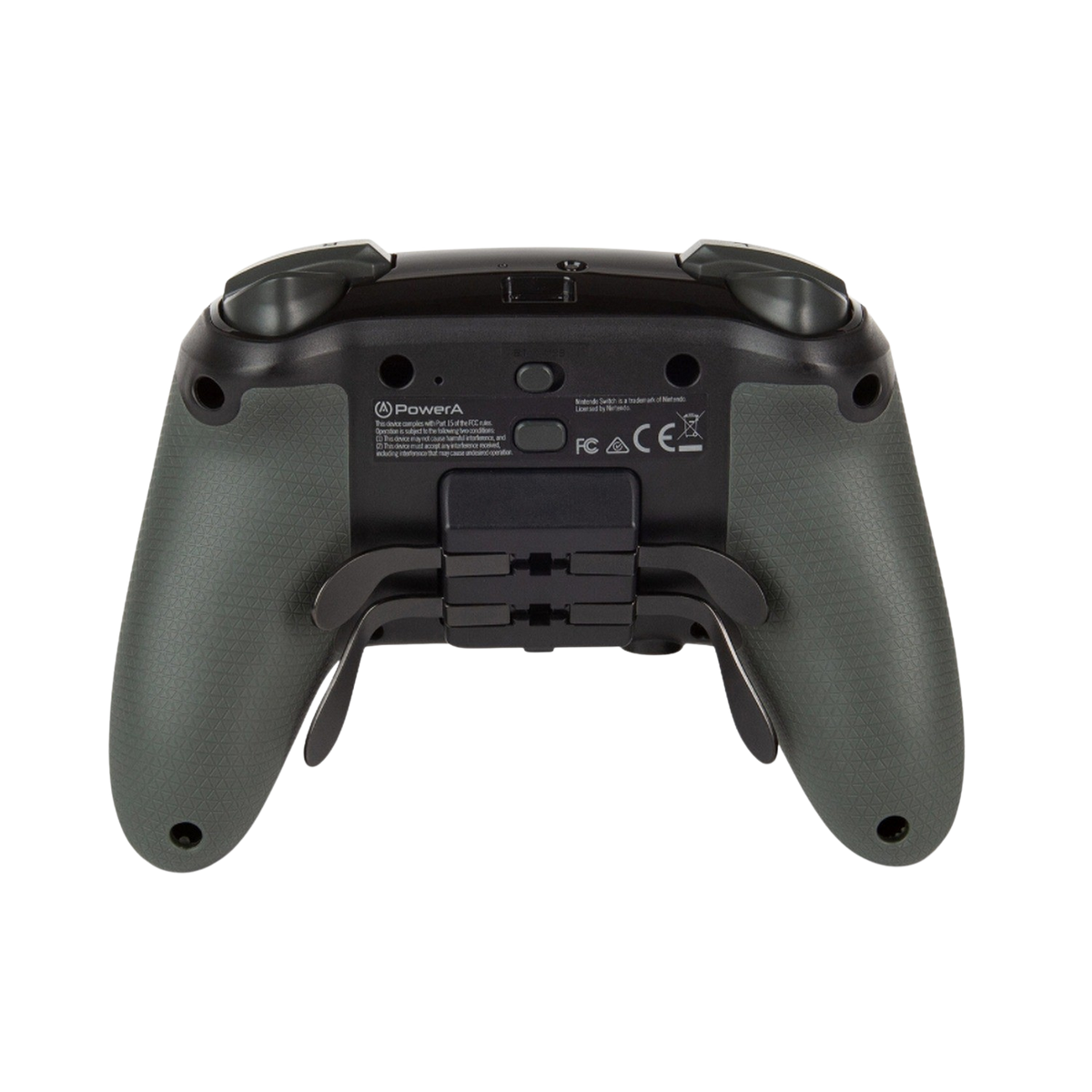 Back view of a black and green gamepad, with buttons and a charging port.