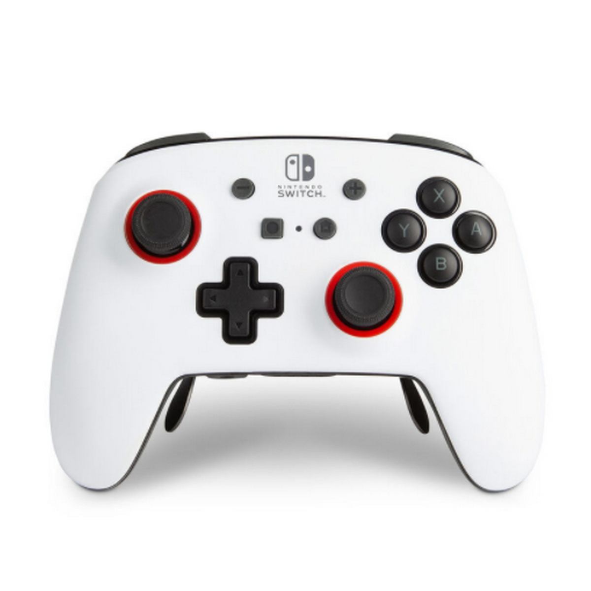 White Nintendo Switch controller. It has black buttons and red accents. The controller is on a white background.