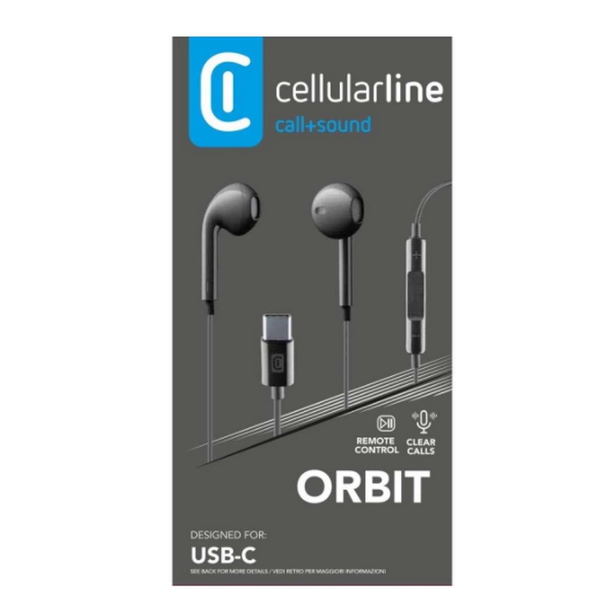 Earphones package, black earphones, USB-C, remote control, clear calls.