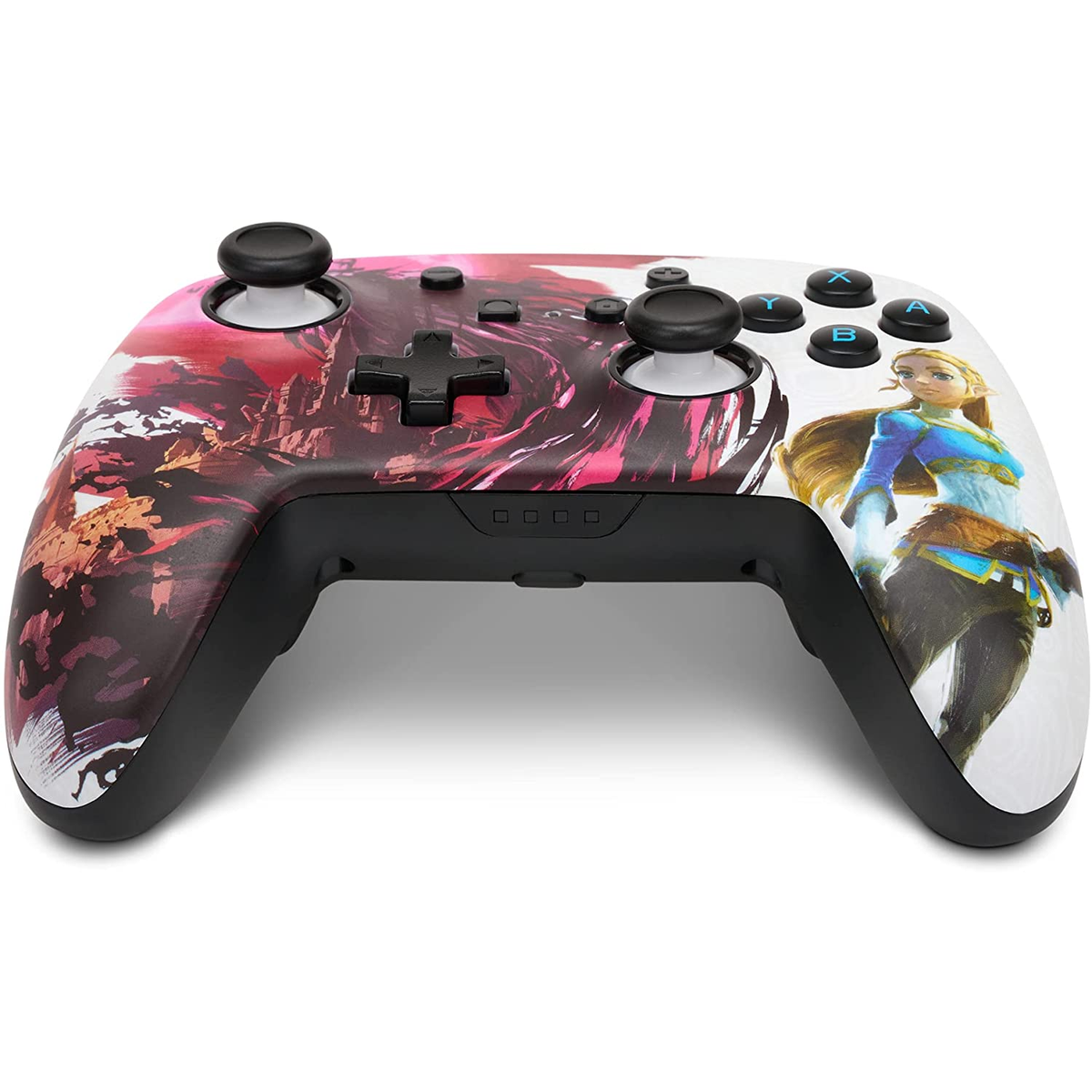 Ein Videospiel-Controller mit farbenfrohem Design. Er hat Knöpfe, Joysticks und ein kreuzförmiges Steuerkreuz.