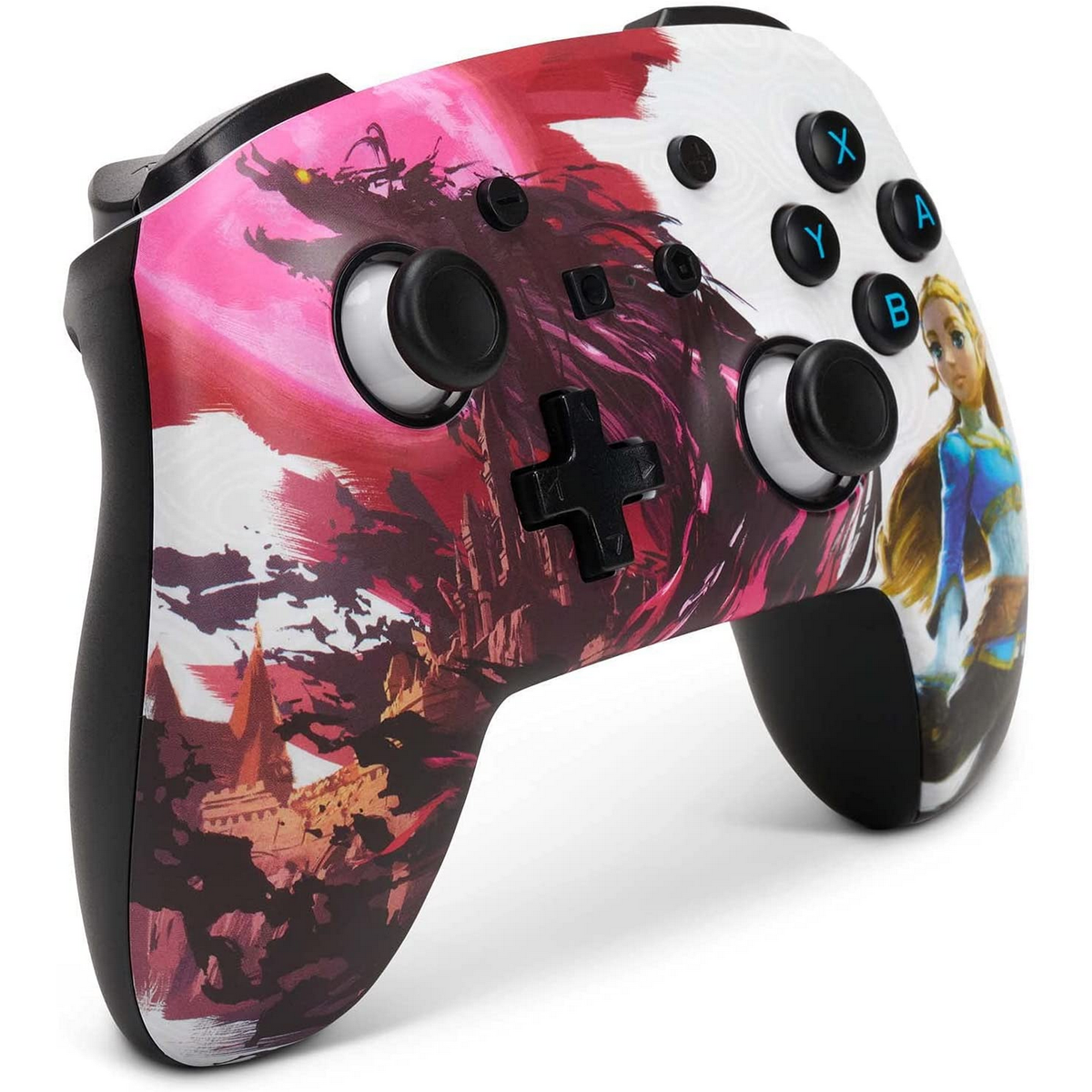 Angepasster Gamecontroller mit Zelda-Kunst. Schwarze Knöpfe und Trigger. Weißer Hintergrund.