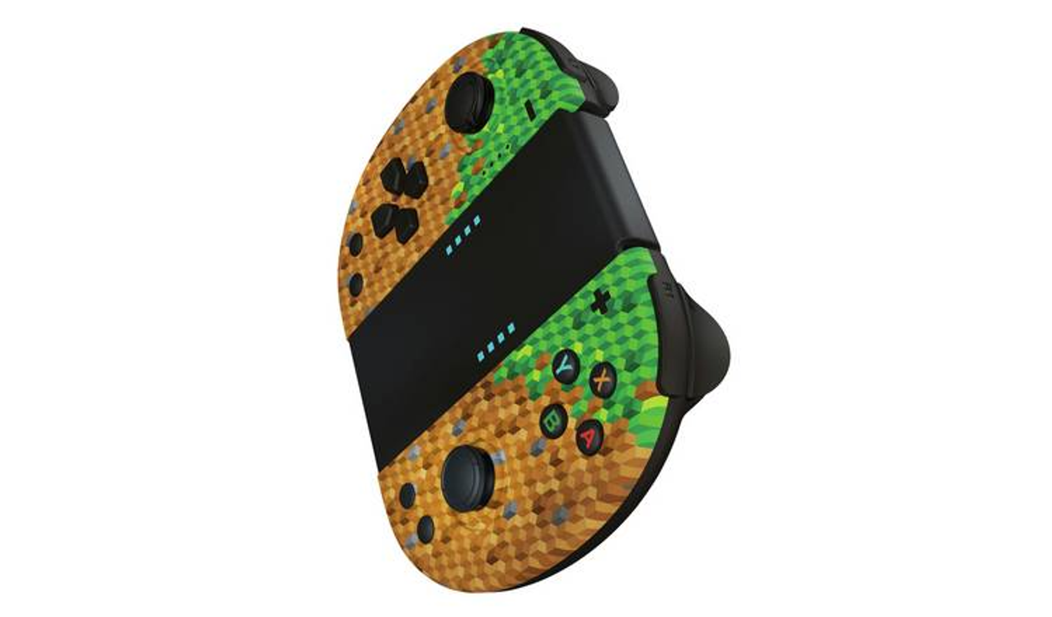 Un controller a tema Minecraft. Ha un centro nero e lati marroni e verdi.