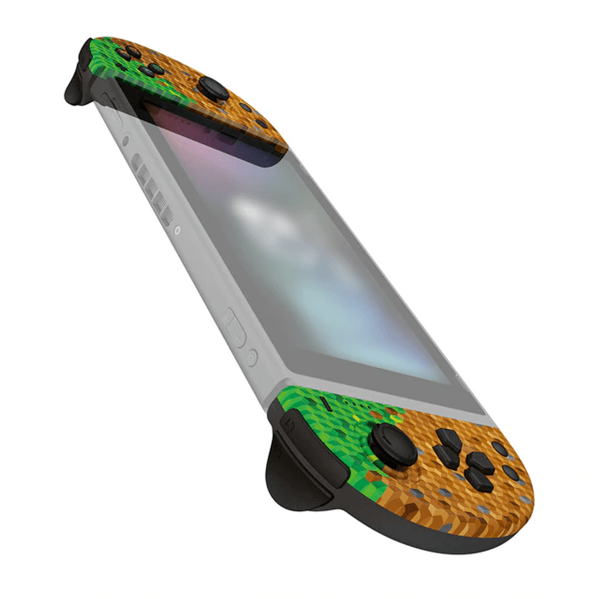 Console Nintendo Switch con design Minecraft sui controller Joy-Con. Lo schermo è visibile.