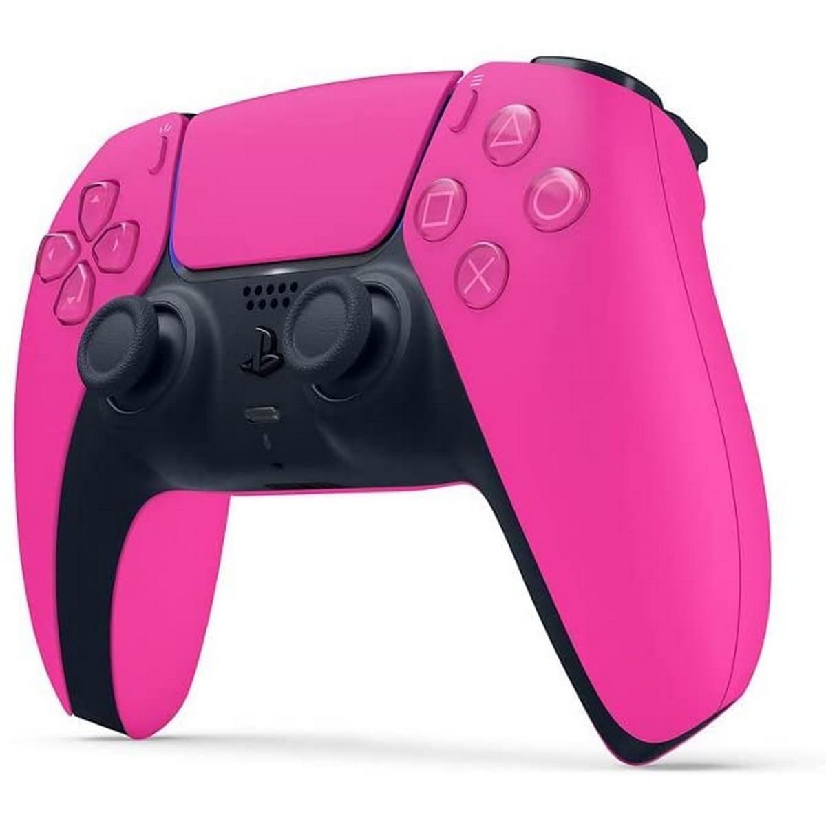 Roze PlayStation 5 controller. Zwarte accenten. Knoppen en joysticks. Witte achtergrond. Roze kleur.