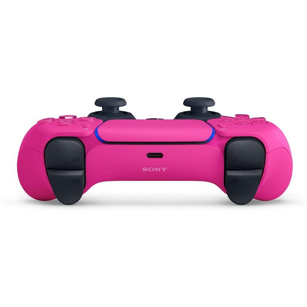 Roze Playstation 5-controller met zwarte joysticks en knoppen.