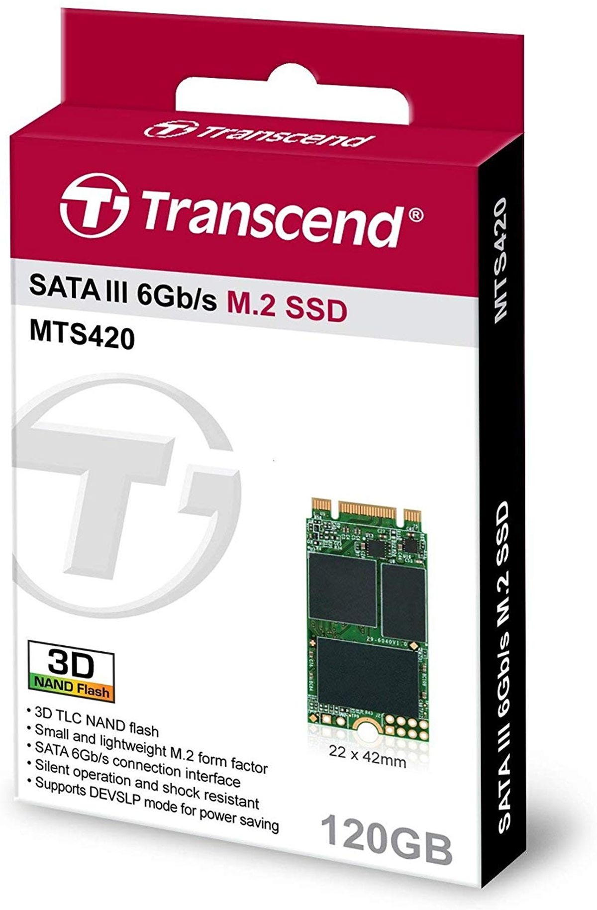 Dysk SSD Transcend SATA III 6Gb/s M.2 w pudełku. Zawiera dysk SSD 120GB z pamięcią flash NAND.