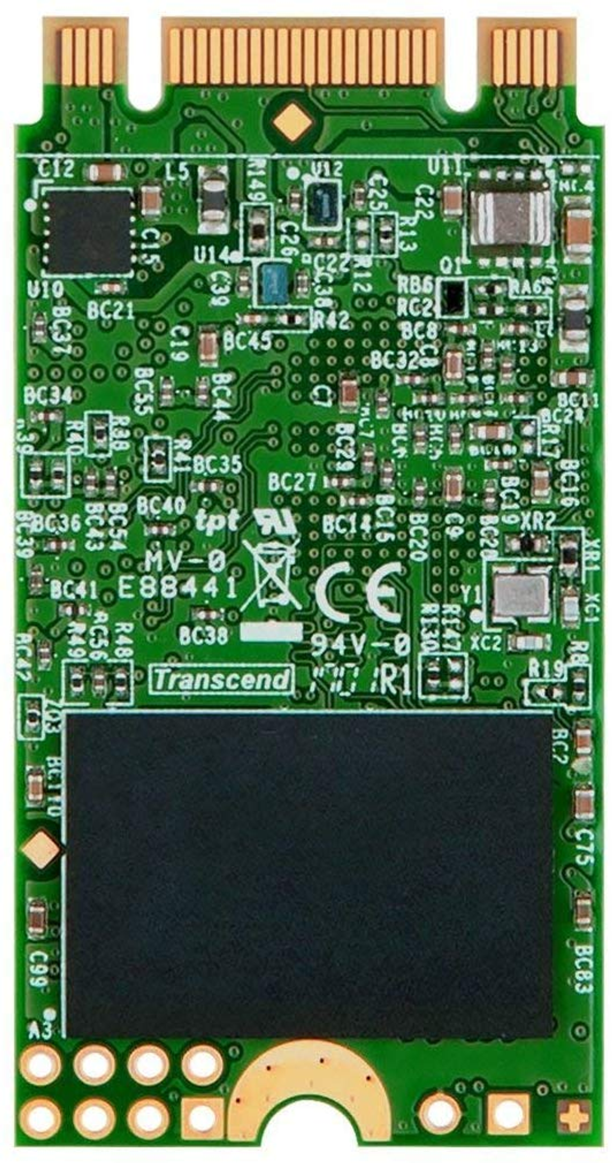 Zielona płytka drukowana z układami scalonymi i złączami, logo Transcend, na białym tle.