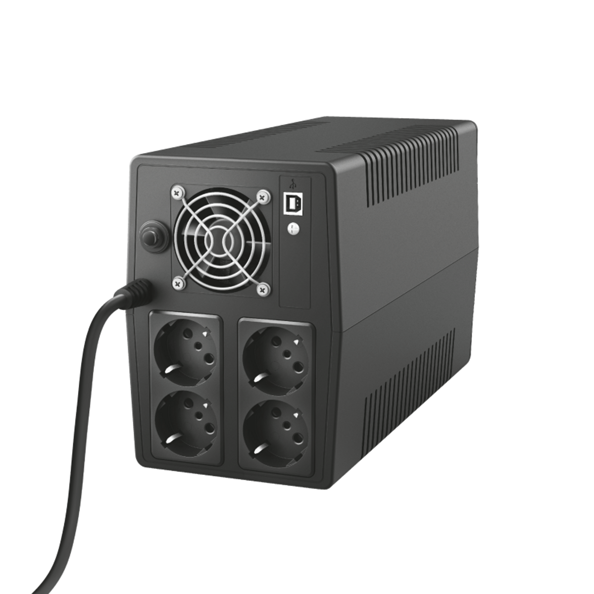 SAI negro (Sistema de Alimentación Ininterrumpida) con cuatro enchufes, un ventilador y un puerto USB.