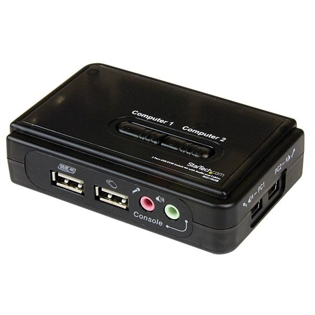 Interruptor USB negro con puertos USB, etiquetado para conexiones de ordenador y puertos de consola.