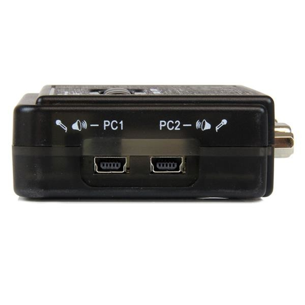 Adaptador negro con puertos USB y conectores de audio. Fondo blanco.