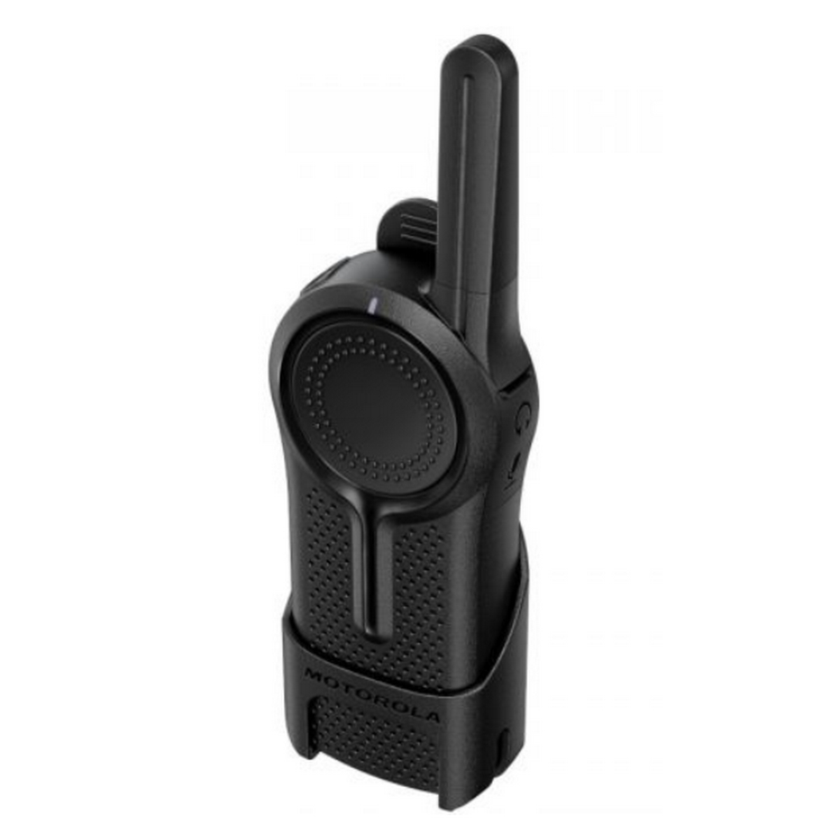 Walkie-talkie Motorola negro. Tiene un botón de encendido y un logotipo de Motorola. Aislado sobre un fondo blanco.