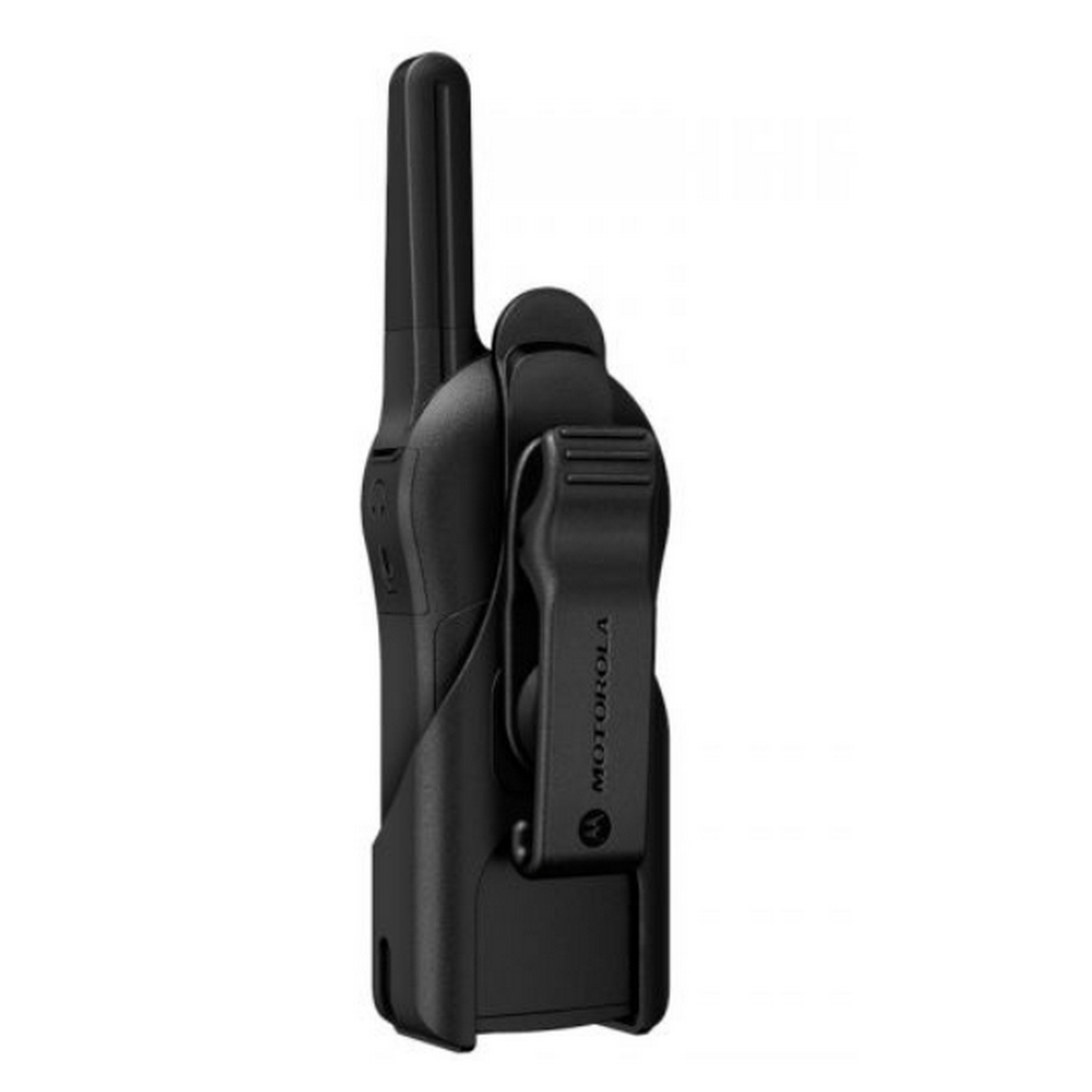 Walkie-talkie Motorola negro. Clip de cinturón adjunto. Antena se extiende hacia arriba.