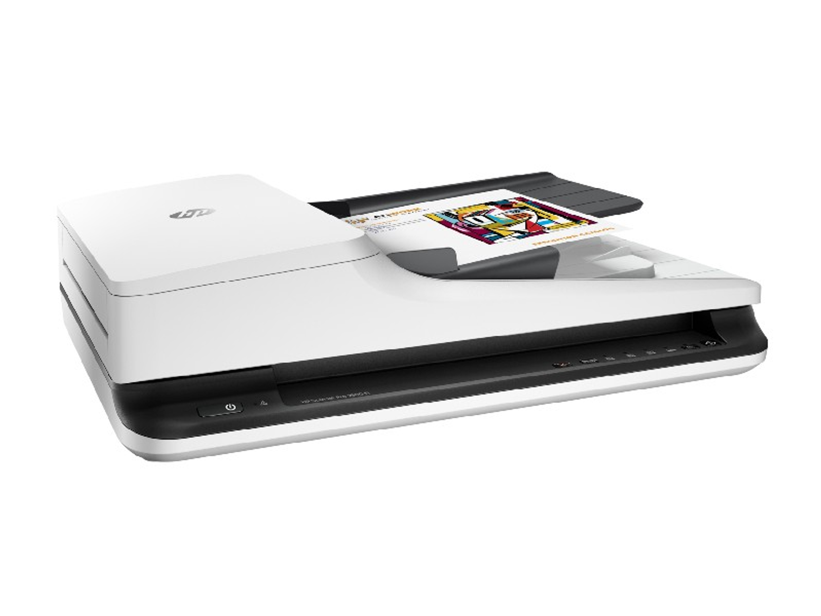 Beyaz bir HP tarayıcı ve içinde bir belge. Tarayıcı açık ve kağıt görünüyor.