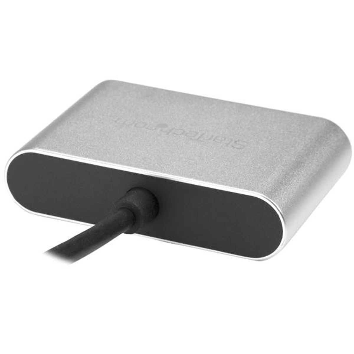 Adaptador USB-C plateado con cable negro. Aislado sobre fondo blanco.