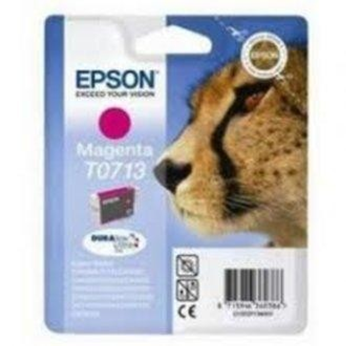 Inktcartridgeverpakking, magenta kleur, merk Epson, met een cheeta gezicht en logo.