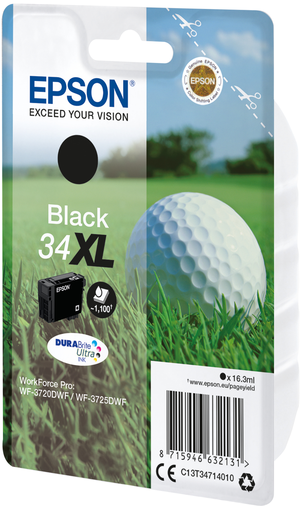 Een Epson Black inktcartridge verpakking. De achtergrond toont een golfbal op groen gras.