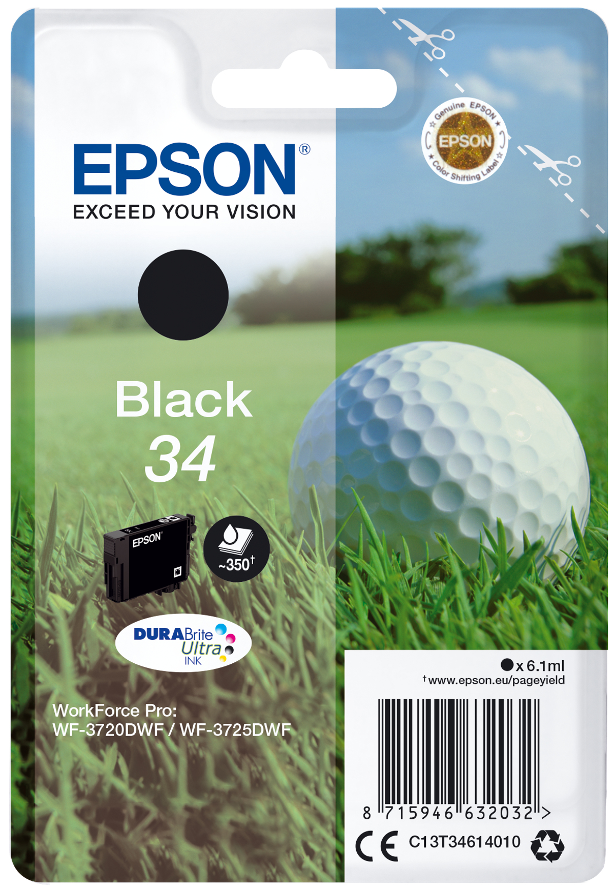 Epson Tintenpatrone mit Golfball auf Gras. Enthält Details wie "Black 34" und "DURABrite Ultra Ink".