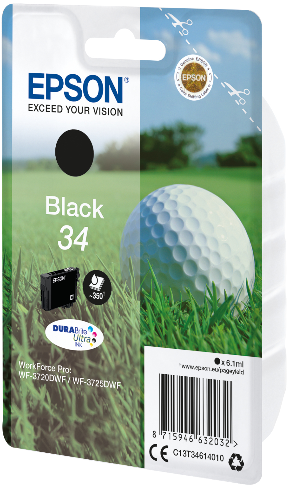 Epson Tintenpatrone, schwarze Tinte, Golfball und grünes Gras.