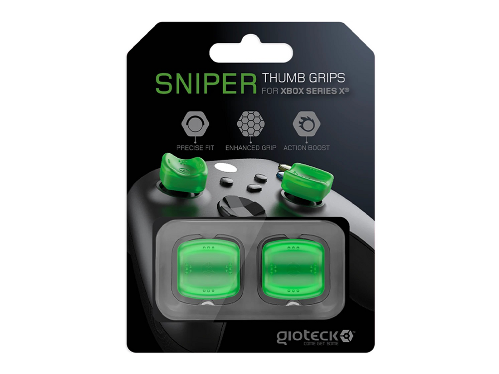Confezione con impugnature pollice verdi per Xbox Series X, con dettaglio controller.