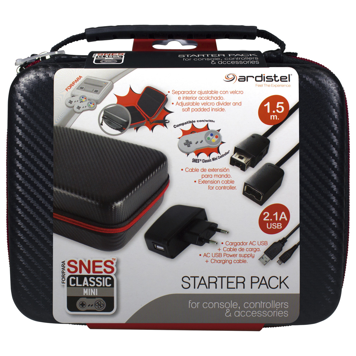 Custodia SNES Classic Mini Starter Pack con accessori: controller, cavi e caricatore.