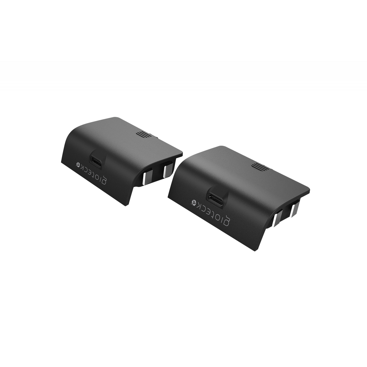 Due coperture batteria nere con porta USB-C e fessure di ventilazione.