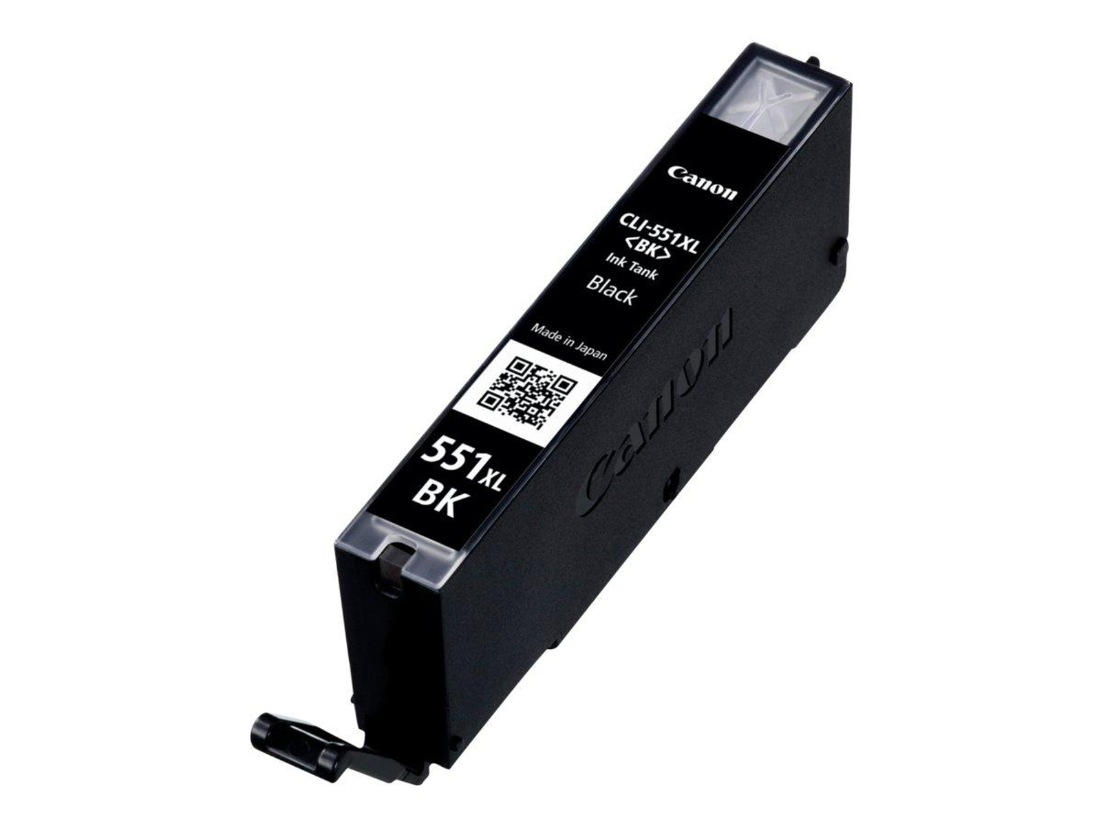 Een zwarte Canon inktcartridge. De cartridge is gelabeld 551 XL BK.