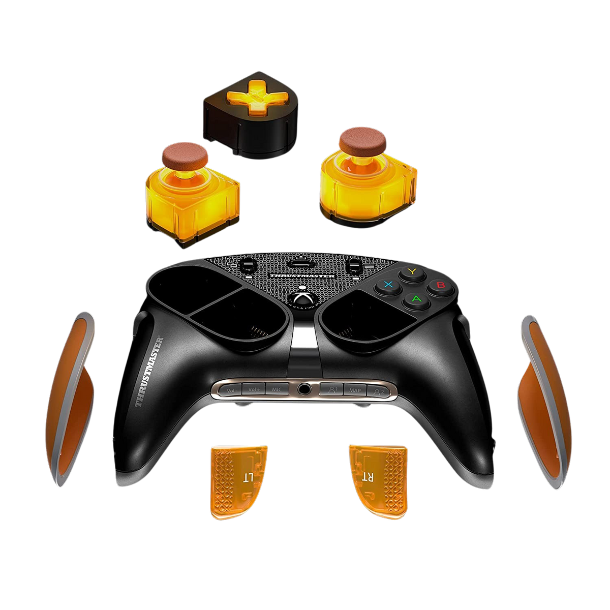 Controller di gioco con parti rimovibili. Colori arancione e nero. Il marchio Thrustmaster.