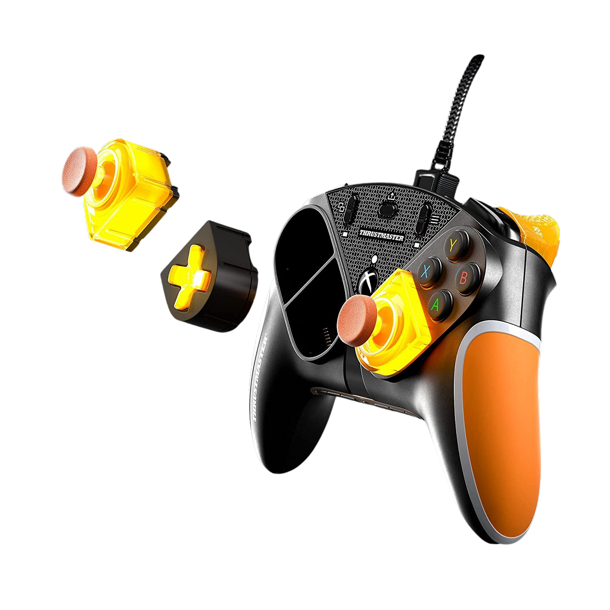 Un controller di gioco nero e arancione con parti gialle/arancioni rimovibili. È ambientato su uno sfondo nero.