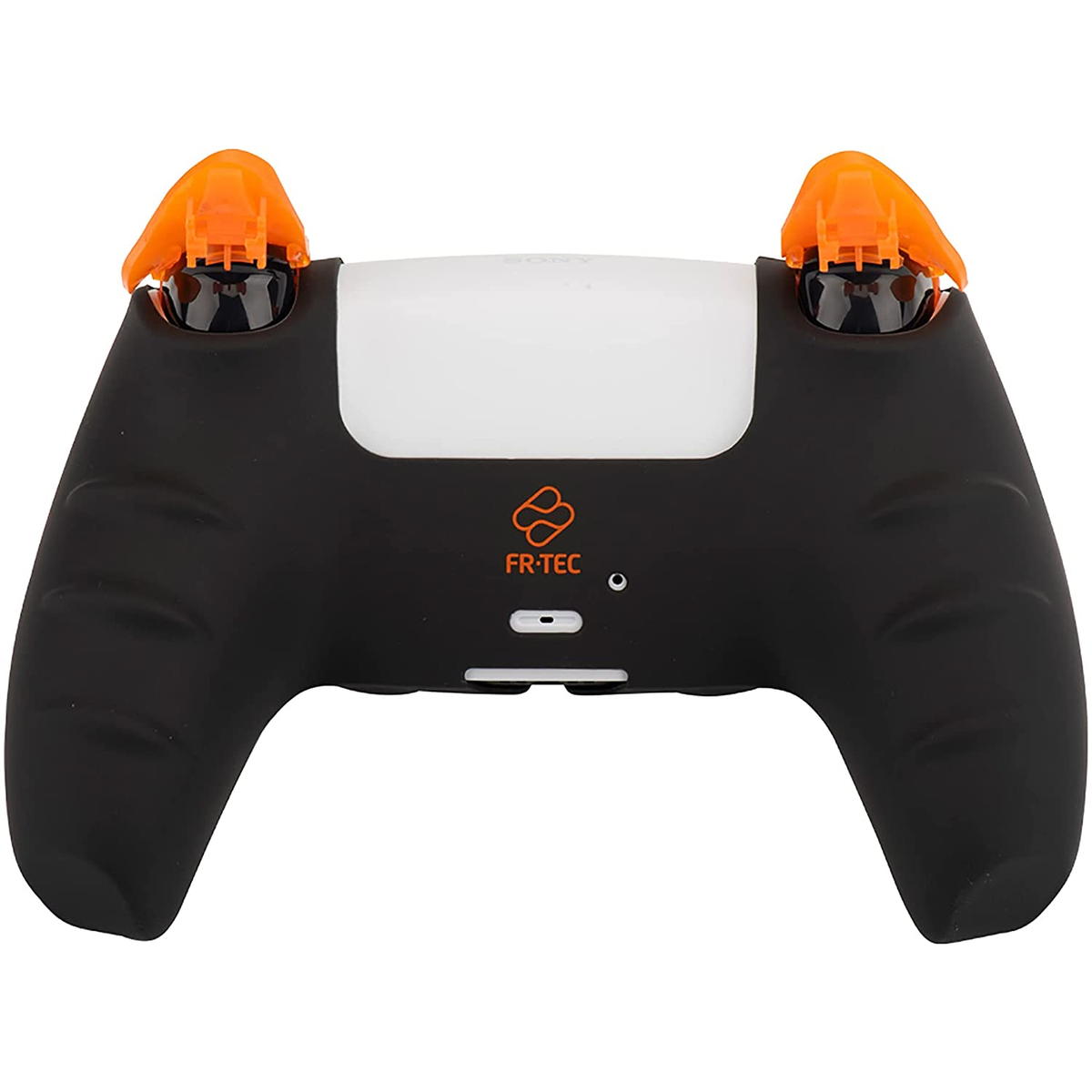 Czarny kontroler PS5 z pomarańczowymi akcentami. Kontroler ma biały środek i pomarańczowe triggery.