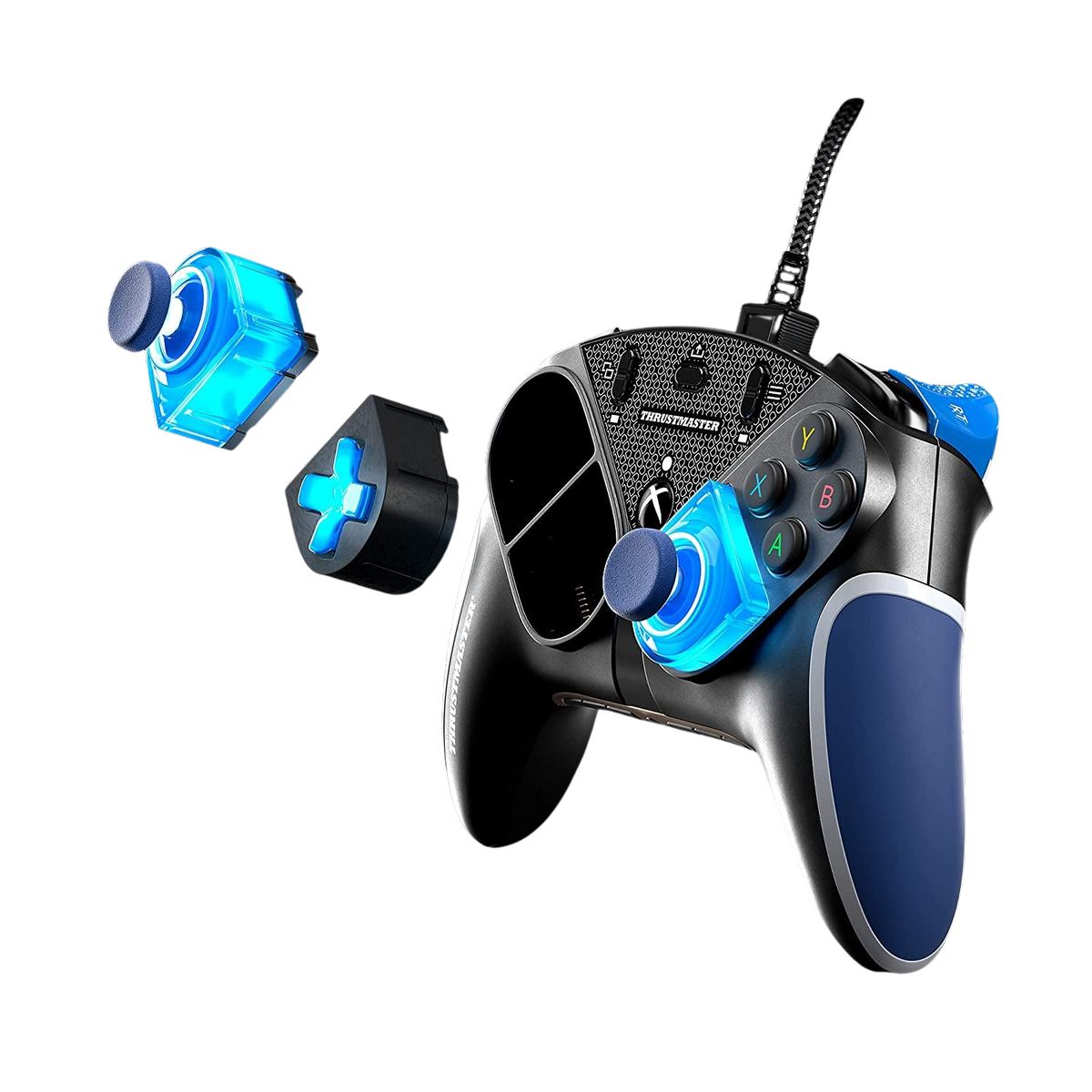 Controller di gioco nero e blu con componenti staccabili, su sfondo nero.