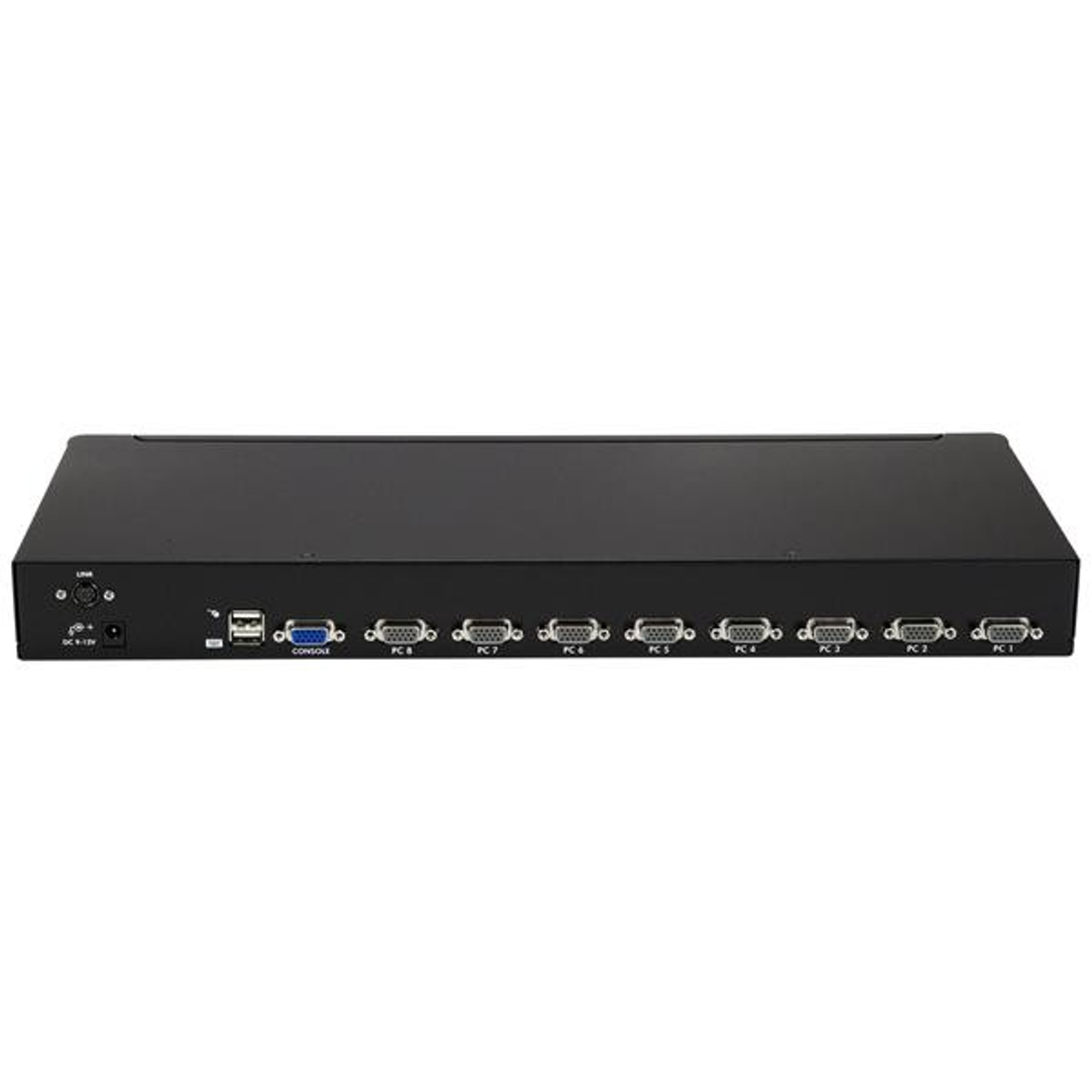 Conmutador KVM negro con múltiples puertos para conectar dispositivos, puertos etiquetados PC1-PC8, consola y USB.