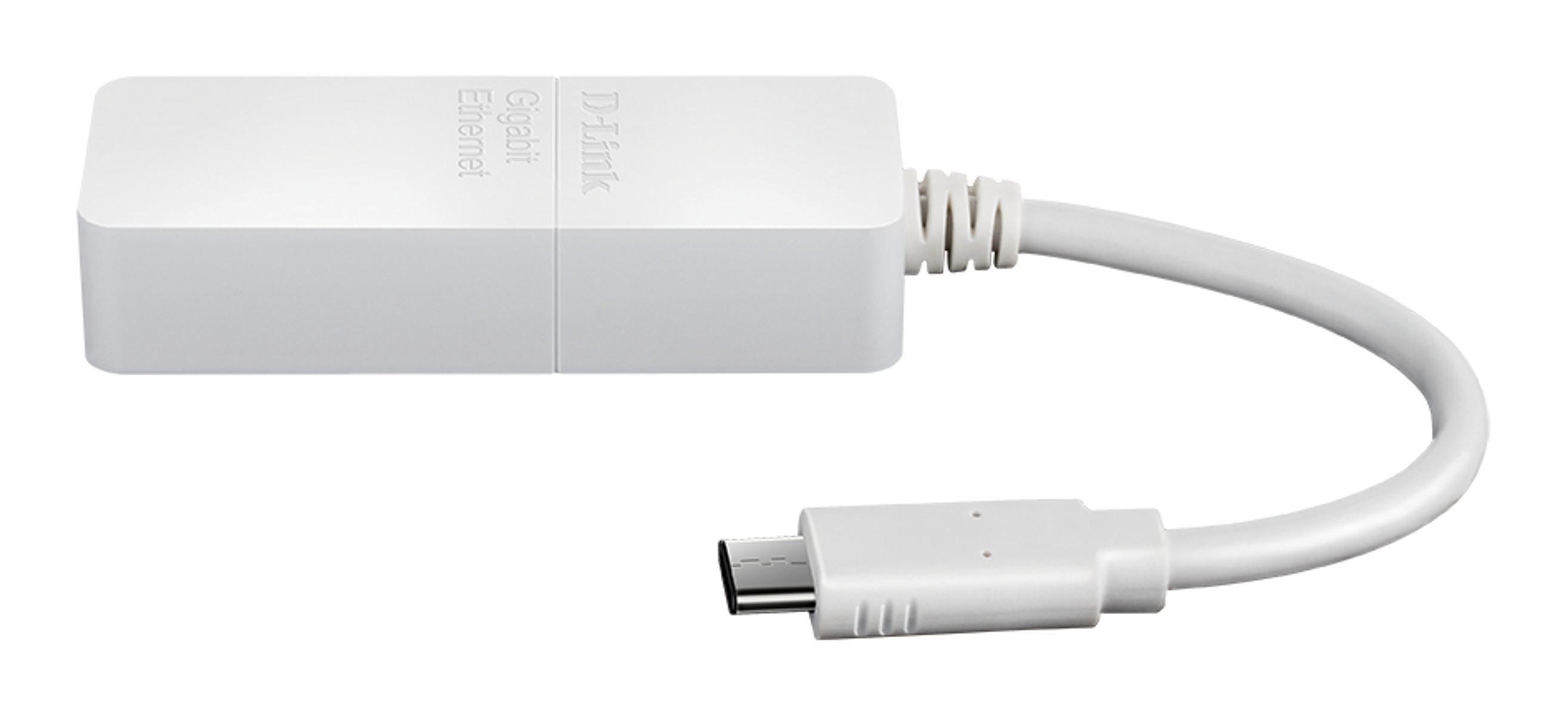Biały adapter Ethernet Gigabit D-Link z białym kablem i złączem USB-C.