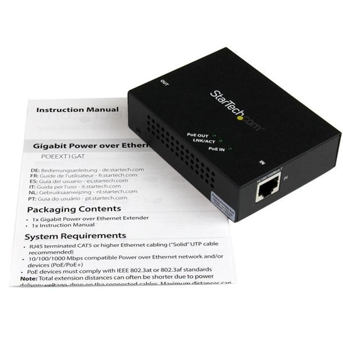 Caja negra StarTech Gigabit Power over Ethernet Extender, con un manual de instrucciones blanco.