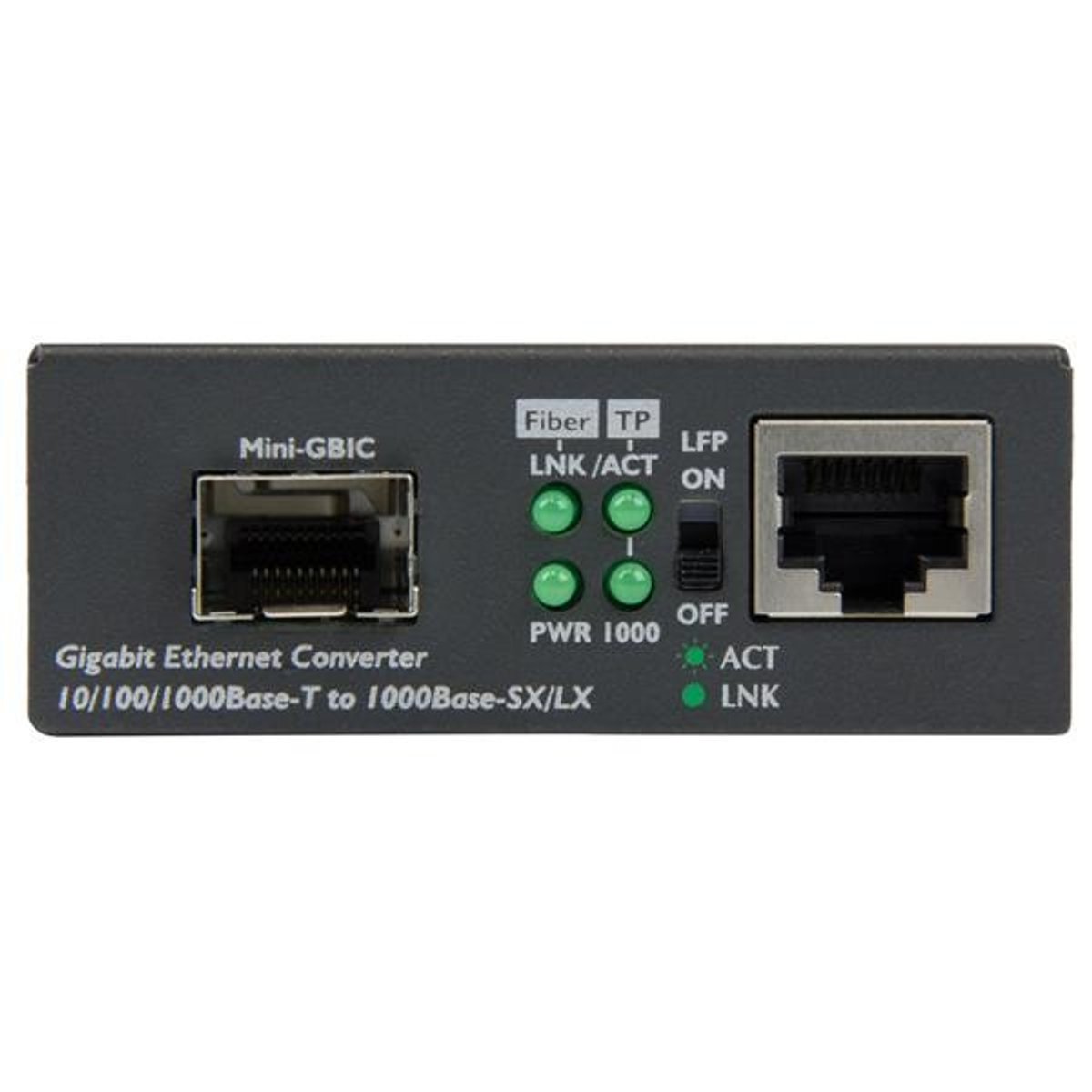 Un pequeño convertidor Gigabit Ethernet rectangular con varios puertos y luces indicadoras.