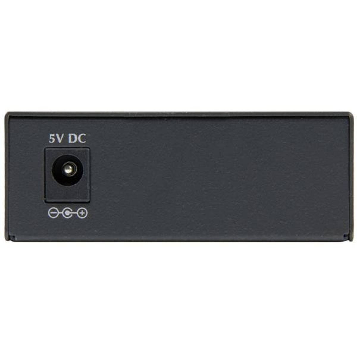 Dispositivo electrónico negro con entrada de 5V CC y un símbolo de encendido en el lateral.