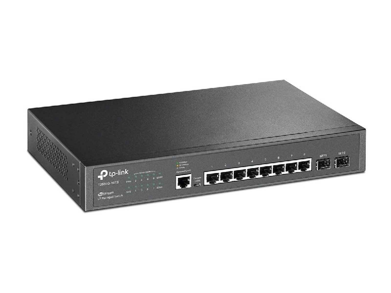 Switch de red TP-Link negro con múltiples puertos.