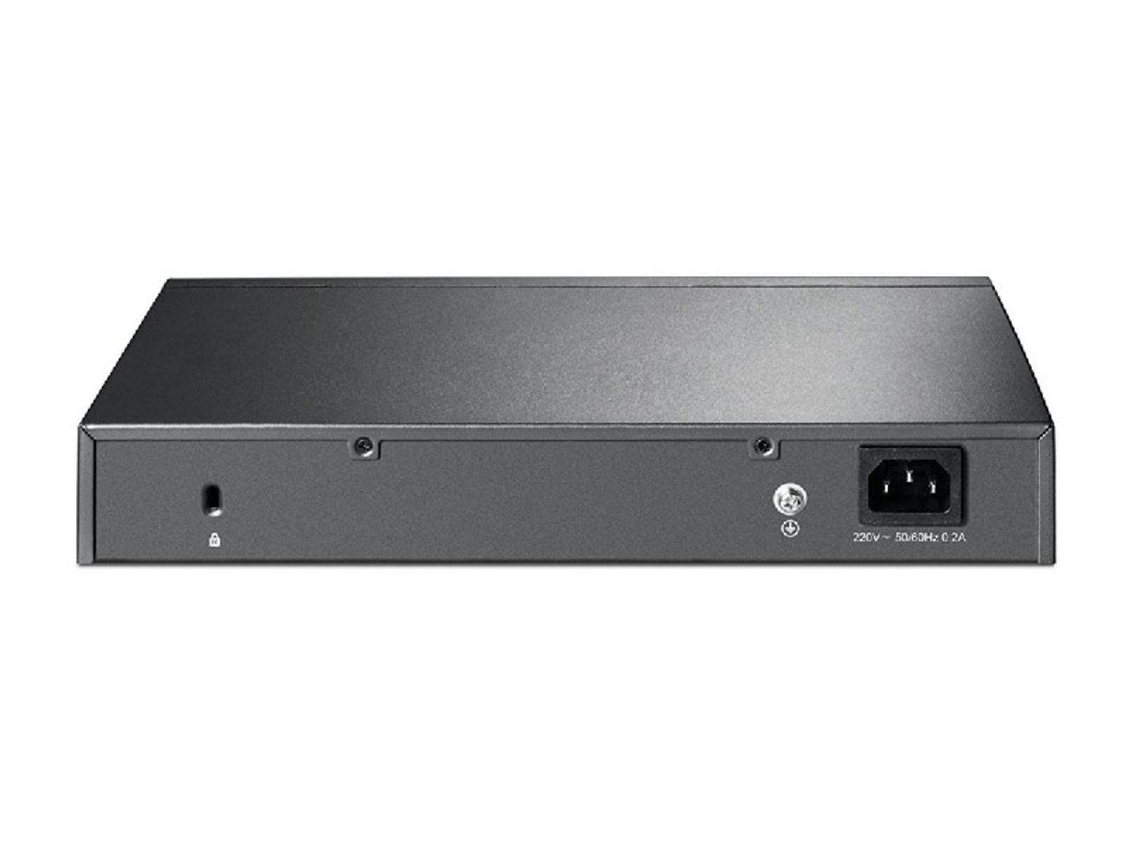 Parte trasera de un switch de red negro. Muestra una entrada de alimentación y un bloqueo de seguridad.