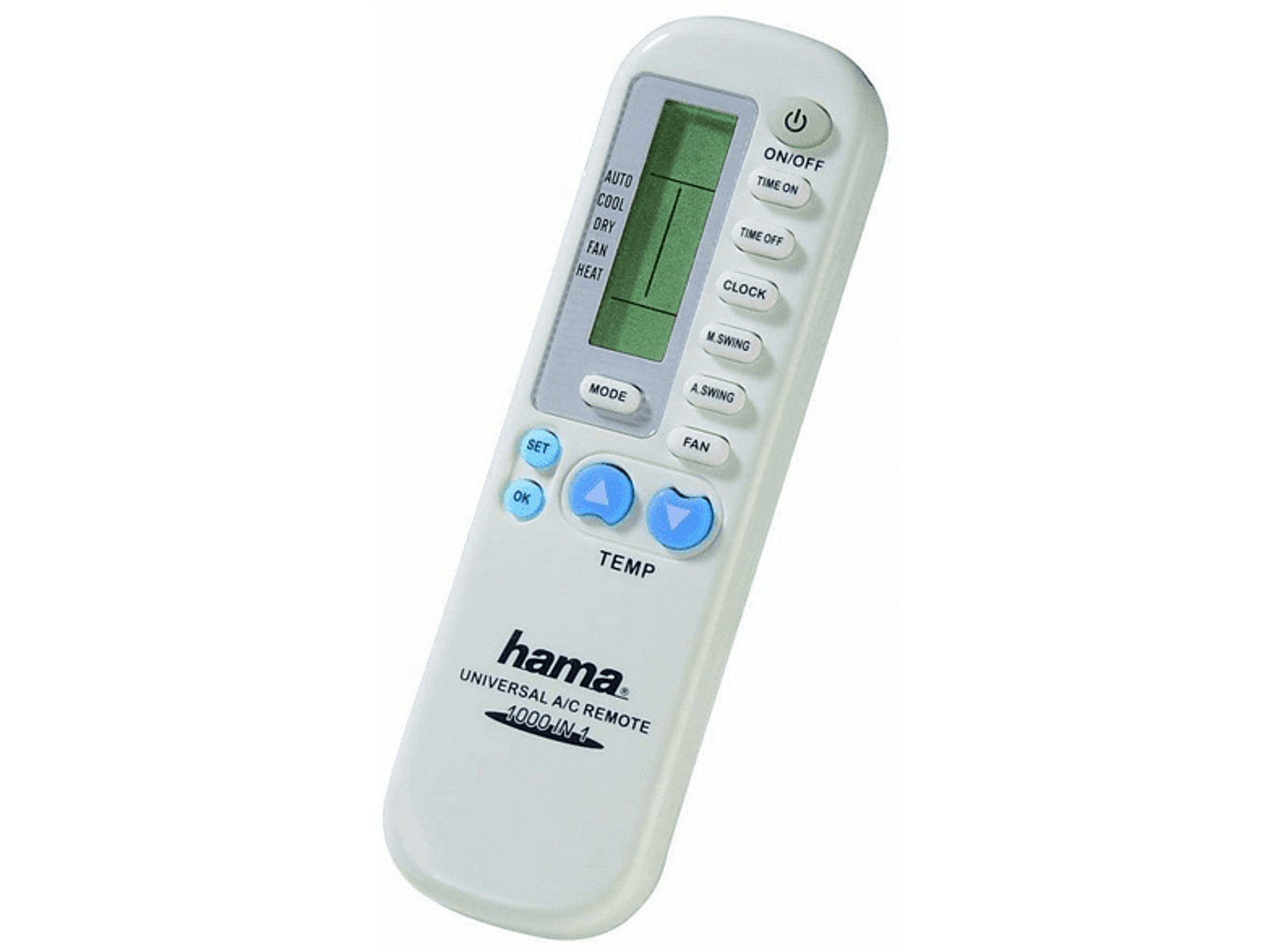 Mando a distancia universal A/C blanco con múltiples botones y una pantalla.