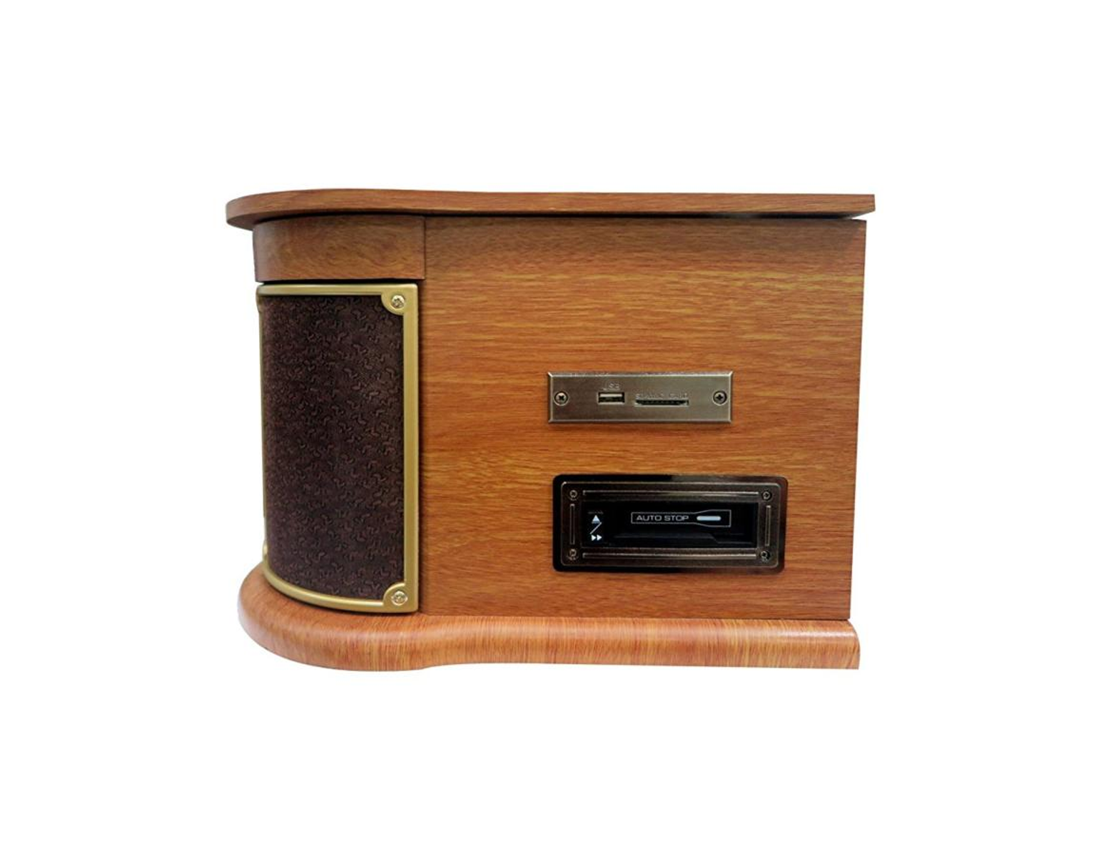 Ein Holzradio mit goldenen Akzenten. Es hat einen USB-Anschluss und einen 'Auto-Stop'-Kassettensteckplatz.