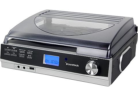 Tocadiscos  - PXR23BK SUNSTECH, 1x USB, 1x RCA, 1x Auriculares 3.5 mm, 1x Aux-in 3.5 mm, Bluetooth, 33, 45, 78 RPM, Negro