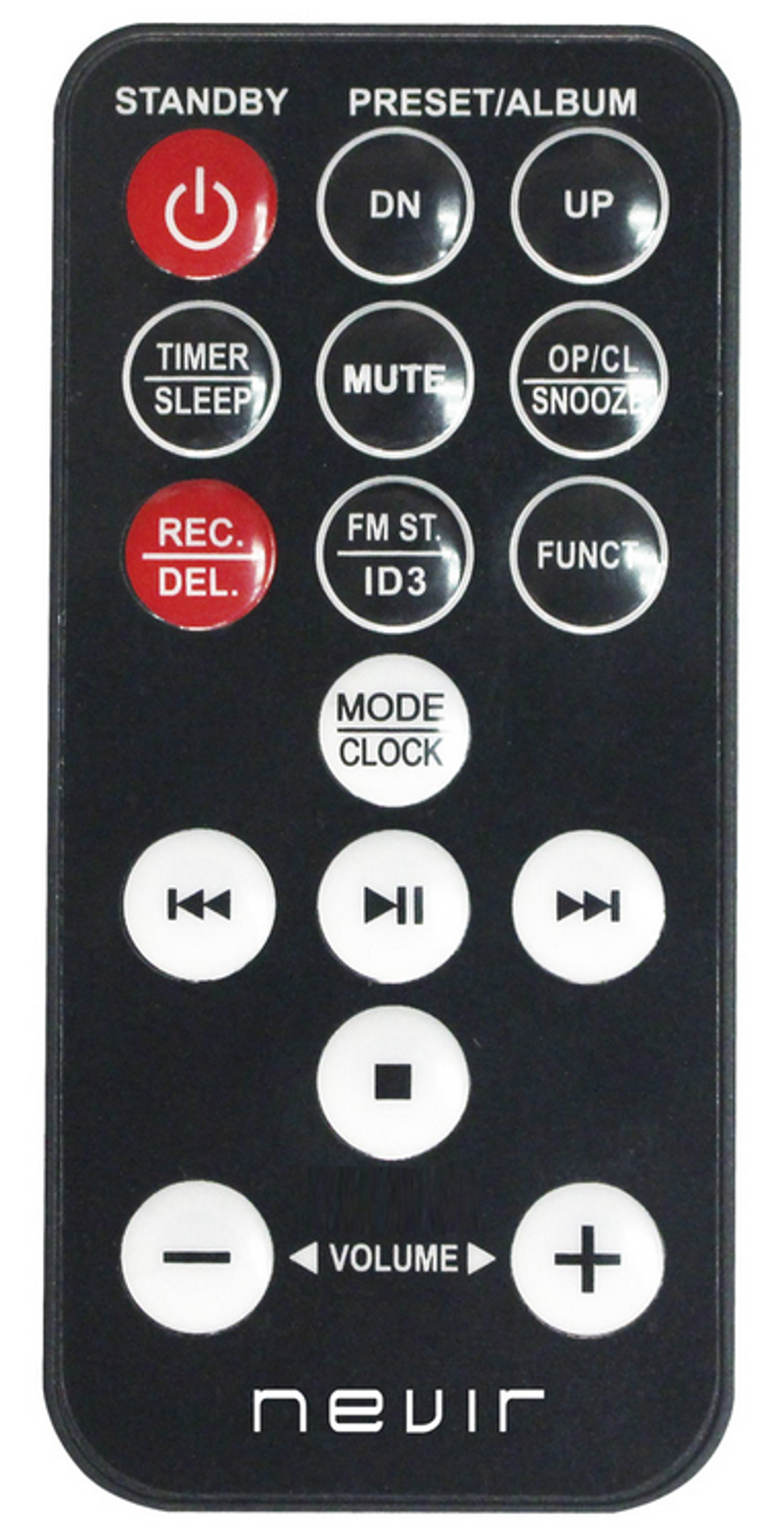Mando a distancia negro con botones para un dispositivo, con controles de encendido, volumen y reproducción.