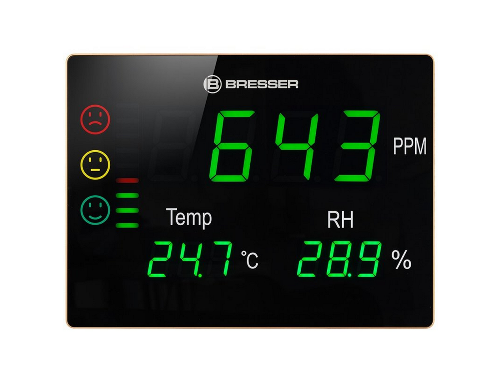 Pantalla digital que muestra PPM, temperatura y humedad con dígitos LED verdes sobre fondo negro.
