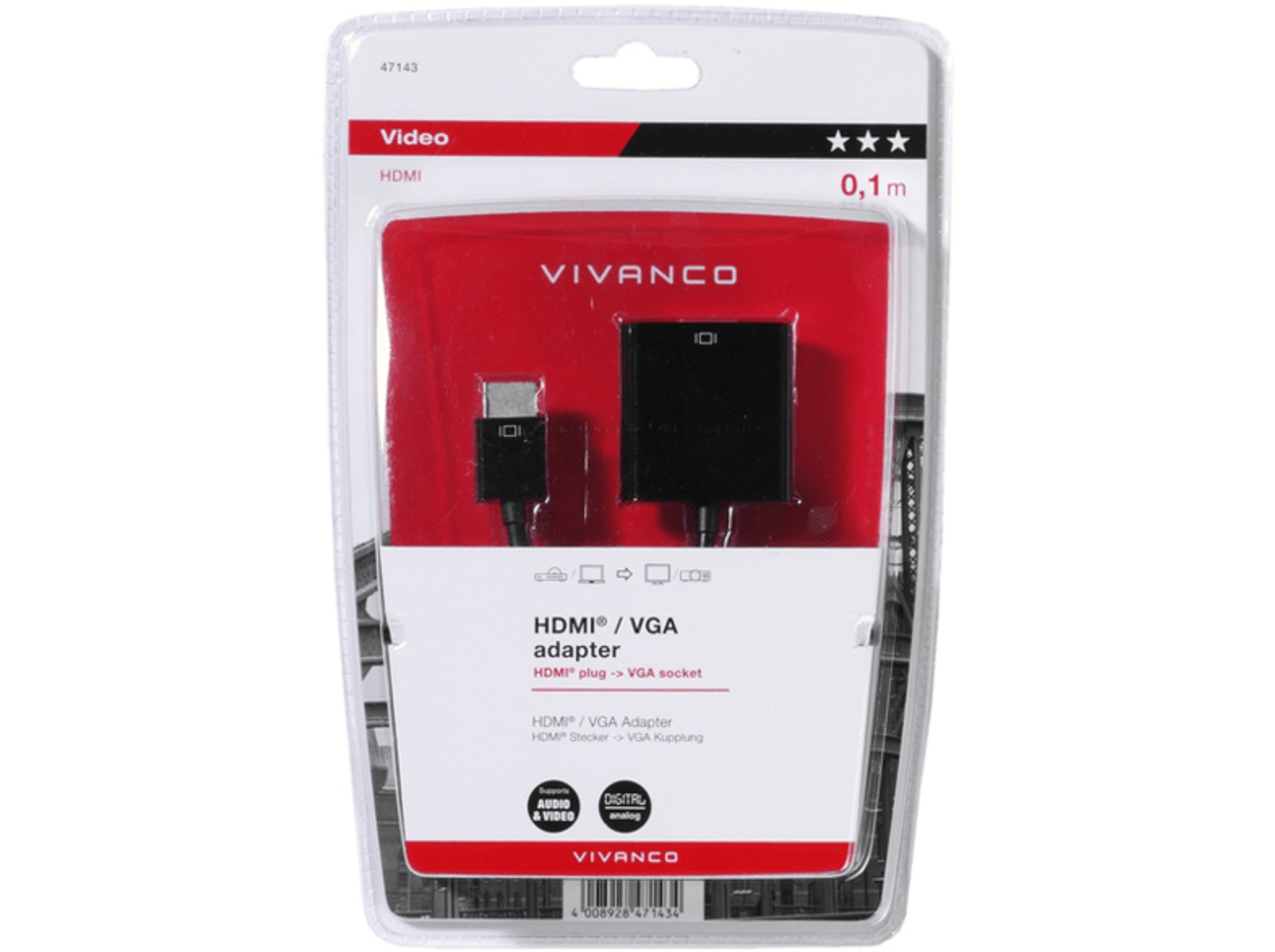 47143, Adapter, HDMI/VGA 0,001 mm VIVANCO