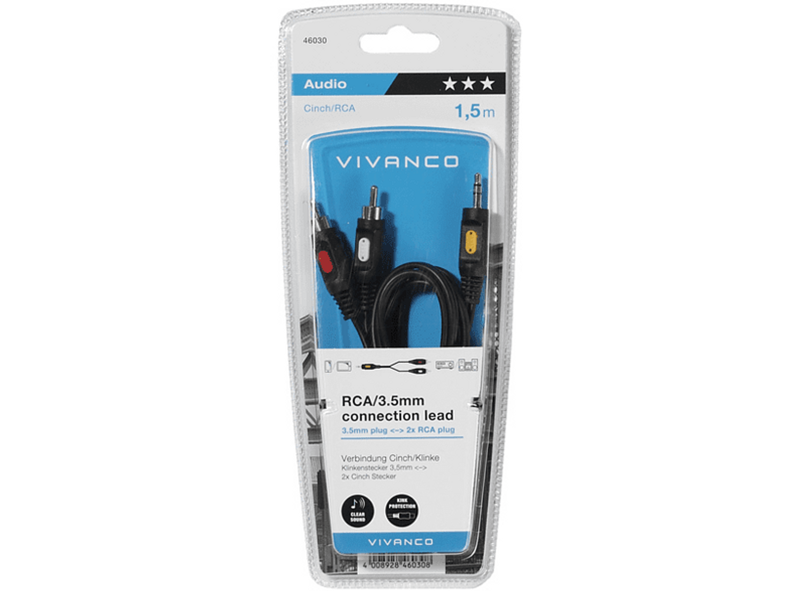 Cable de audio en un paquete. Tiene un conector de 3,5 mm y dos enchufes RCA.