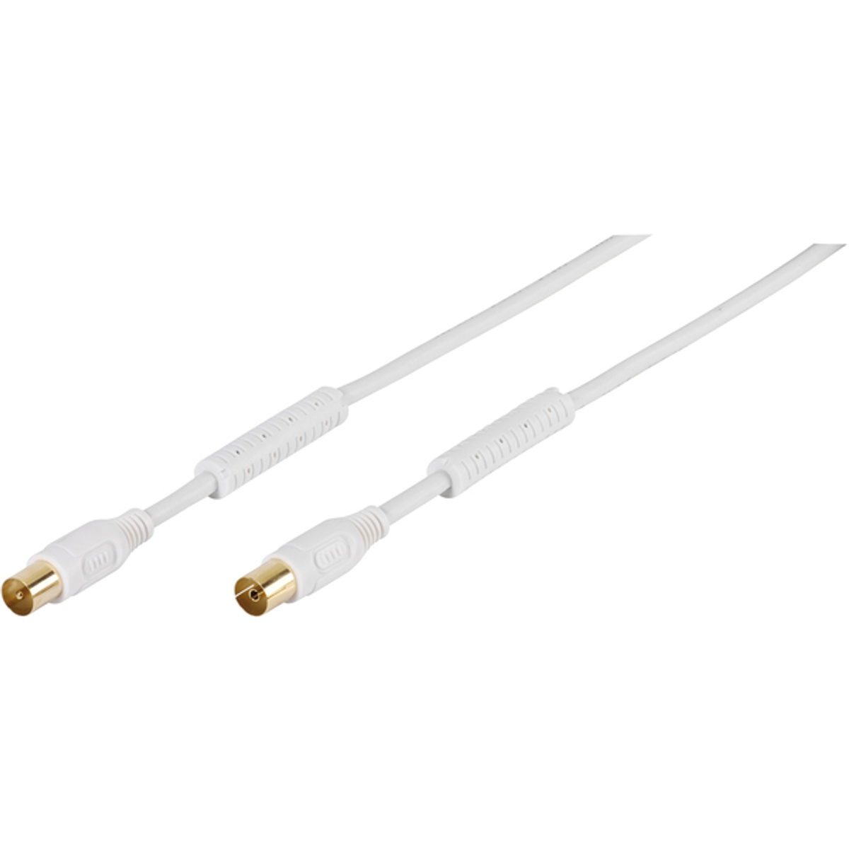 Dos cables coaxiales blancos. Cada uno tiene un conector dorado en el extremo.