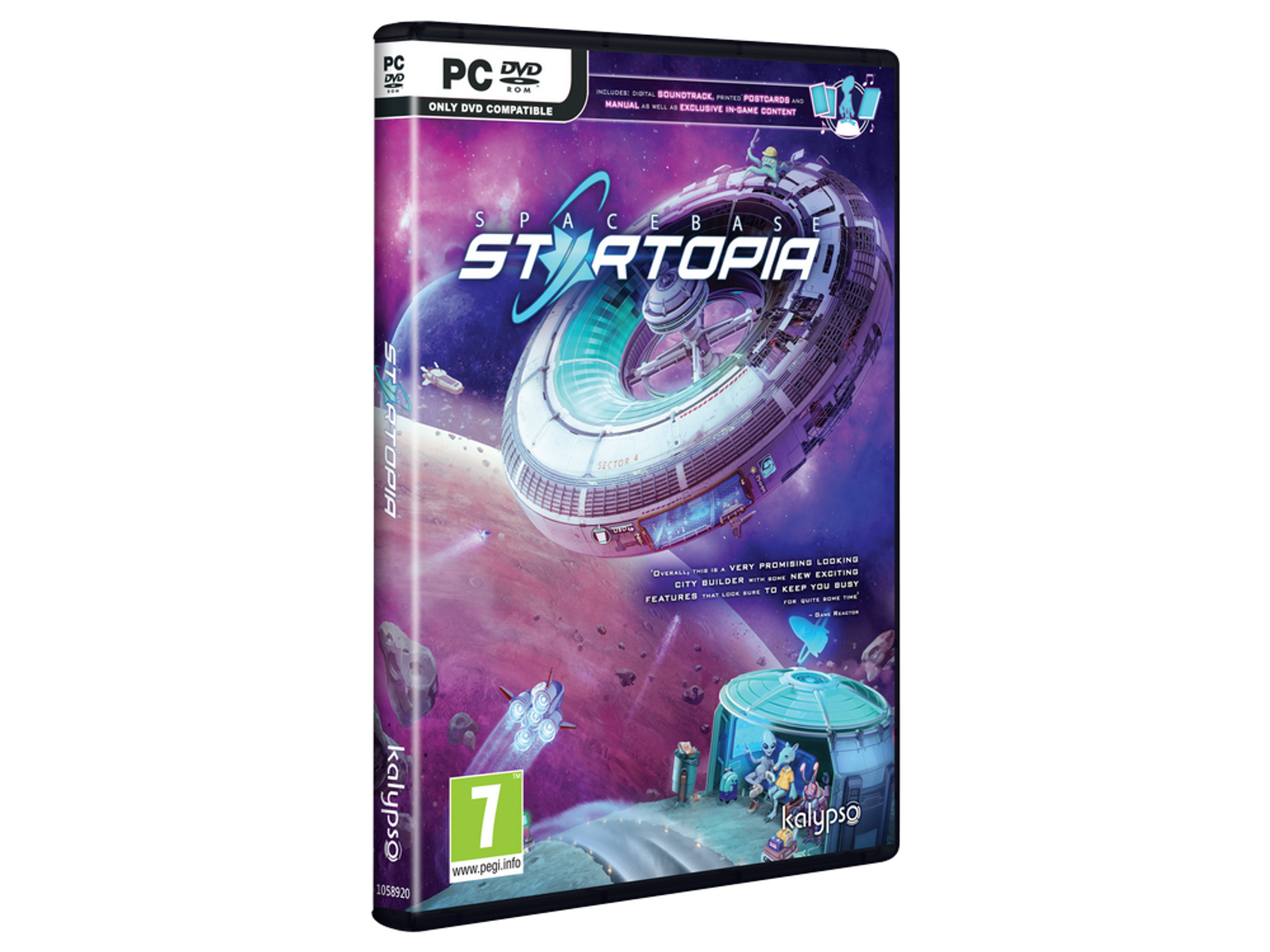 Pudełko gry Spacebase Startopia, z stacją kosmiczną, statkami kosmicznymi i postaciami obcych.