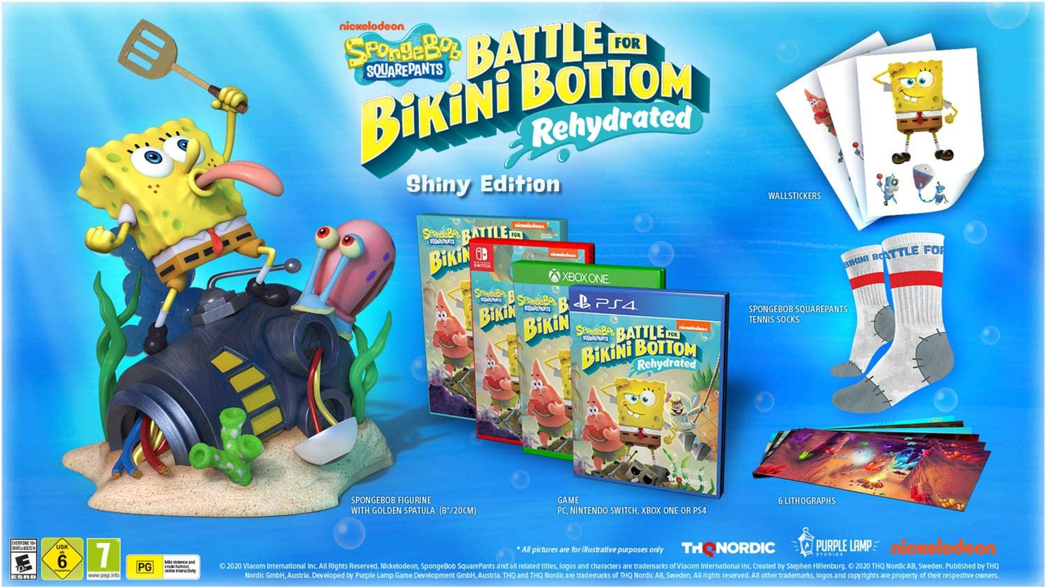Spongebob-Statue, Spielboxen, Aufkleber und Socken. Blauer Hintergrund mit Blasen.